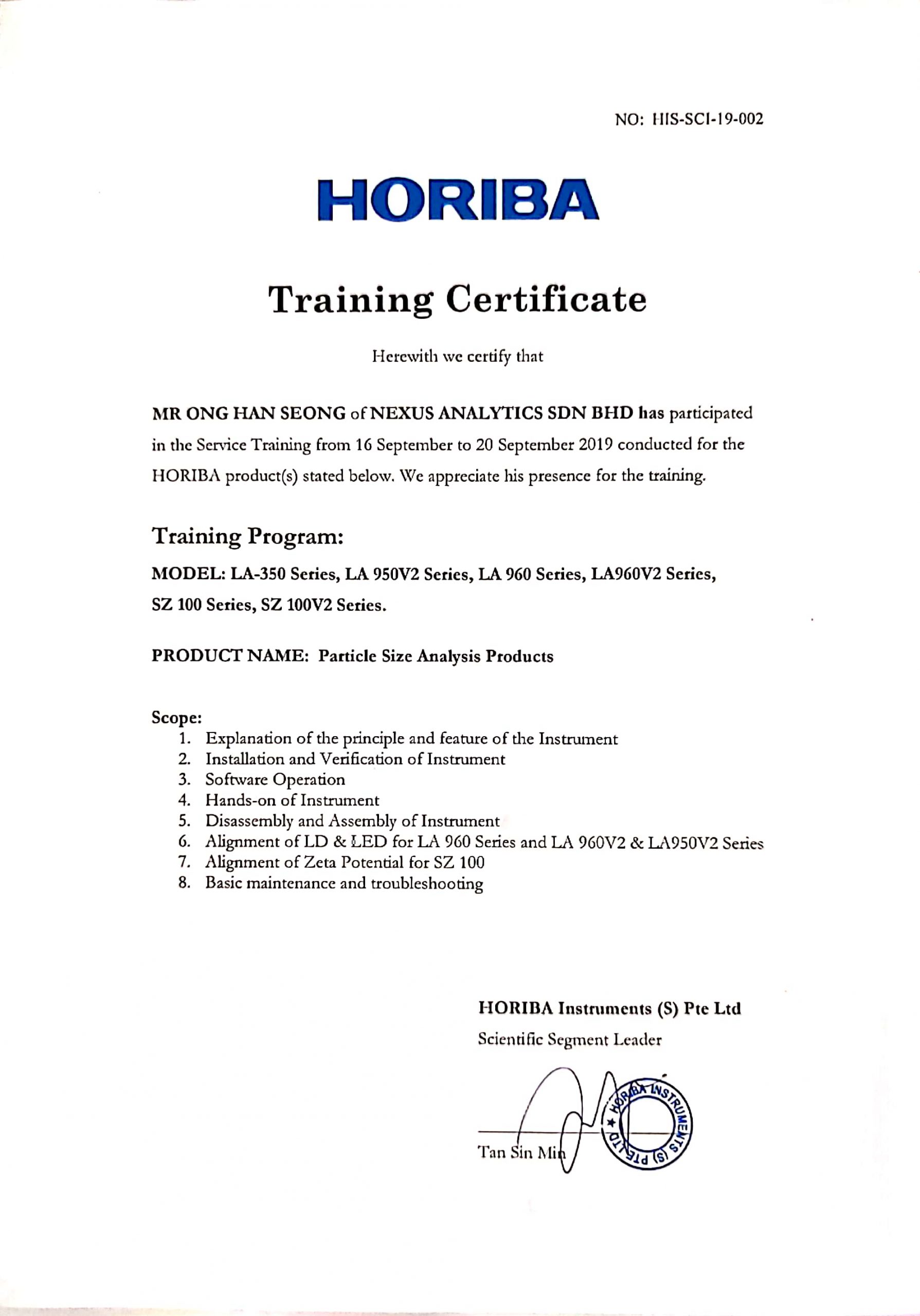 Horiba Training Certificate